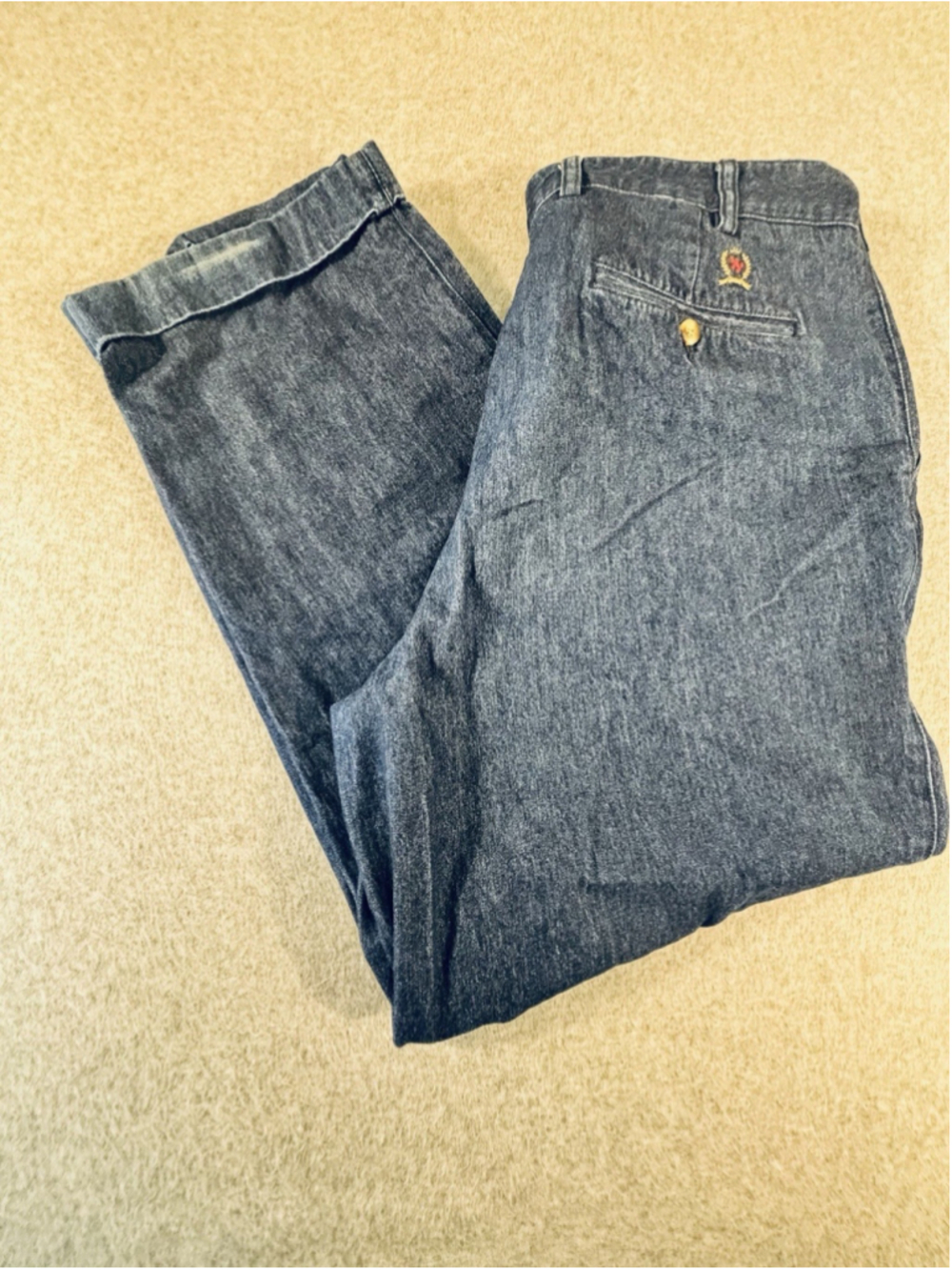 Vintage Tommy Hilfiger Mens 38x32 Denim Chino Pants Blue Crest Logo Relaxed